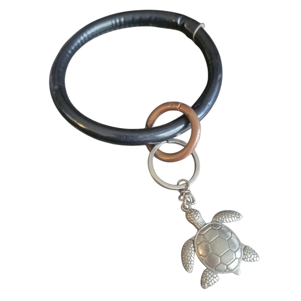 Silver Turtle Charm Black Keychain Wristlet